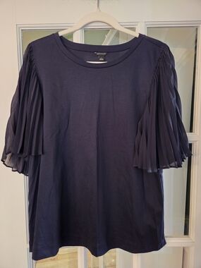 Ann Taylor Navy Pleated Short Sleeve Blouse - Size L